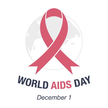 vector illustration with world aids day greeting card, world map and red ribbonのイラスト素材
