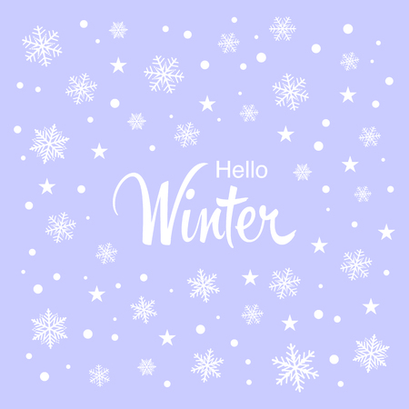 vector illustration with "Hello Winter" greeting card with snowflakes and stars on blue background. Winter holidaysのイラスト素材