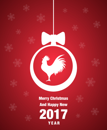 Happy new 2017 year greeting card illustration with rooster .Rooster and happy new 2017 year typography greeting card illustration on red gradient backgroundのイラスト素材