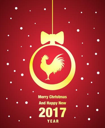 2017 happy new year greeting card illustration and golden rooster .Golden rooster and happy new 2017 year typography greeting card illustration on red gradient backgroundのイラスト素材