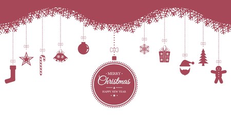 vector illustration with christmas red ornaments hanging on white isolated backgroundのイラスト素材