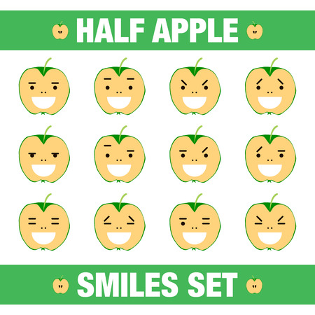 vector illustration with funny half apple flat character smile set on white background.Cute flat half apple smile character setのイラスト素材