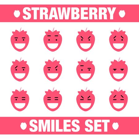 vector illustration with funny strawberry flat character smile set on white background.Cute flat strawberry smile character setのイラスト素材