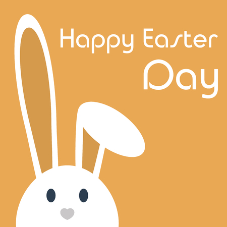 Cute happy easter day bunny in flat style on orange background.Happy easter day greeting card with funny cartoon rabbit character.のイラスト素材