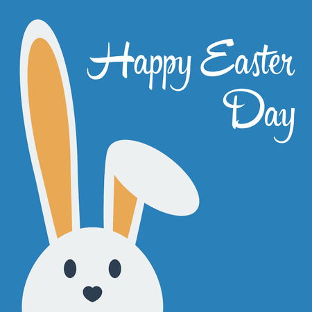 Cute happy easter day bunny in flat style on blue background. Happy easter day greeting card with funny cartoon rabbit character.のイラスト素材