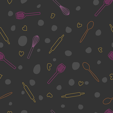 seamless pattern with contour kitchen accessories with hearts on a gray backgroundのイラスト素材
