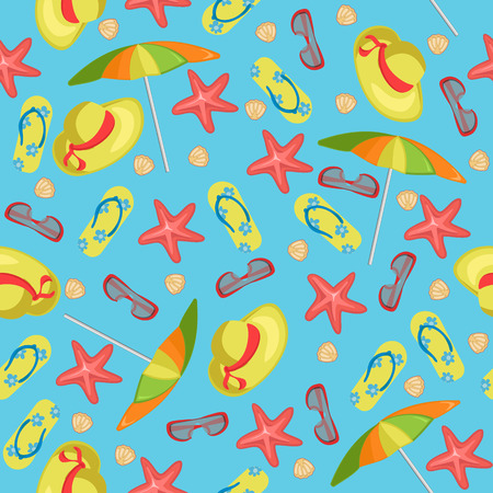 seamless pattern for a summer theme with slippers, umbrella, glasses, hats, starfish and seashellsのイラスト素材