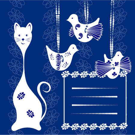 Card cat and bird. Space for your text or picture. floral backgroundのイラスト素材
