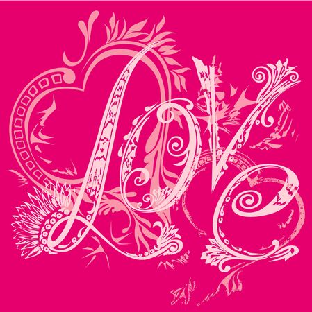 Valentine s Day card. The inscription love in the style of abstract floral pattern on a pink background. T-shirt designのイラスト素材