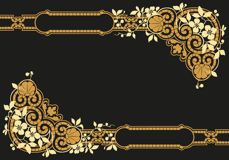 Vintage gold frame, decorative floral pattern on black backgroundのイラスト素材