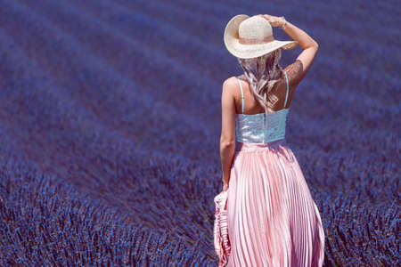 Beautiful Woman Dress and Lavender Fieldのeditorial素材