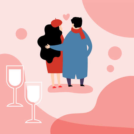 Minimalist design in valentine style. Back view illustration vector of man and woman huggingのイラスト素材