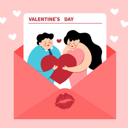 Minimalist design in valentine style. Man and woman holding a heart illustration vectorのイラスト素材