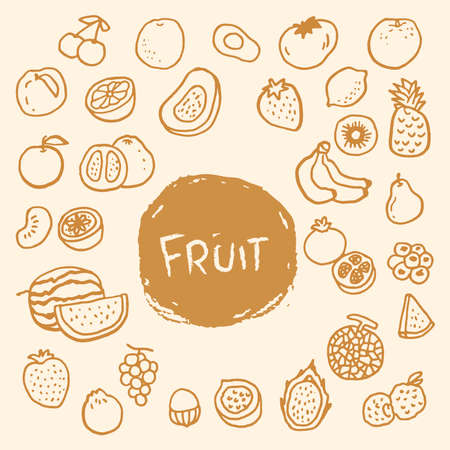 Healthy food concept. Colorful big collection with fruits and vegetables. Fruit line illustrationのイラスト素材
