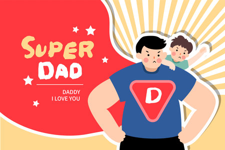 Vector illustration of joyous celebration of Happy Father's Day-hand drawn lettering phrase. Super father and child happy together.のイラスト素材