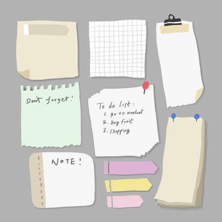 Set of different note papers on isolated background. Vector illustration.