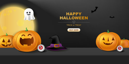 Happy Halloween 3d Vector. magic elements. Pumpkins, ghost. illustration in flat cartoon style.のイラスト素材