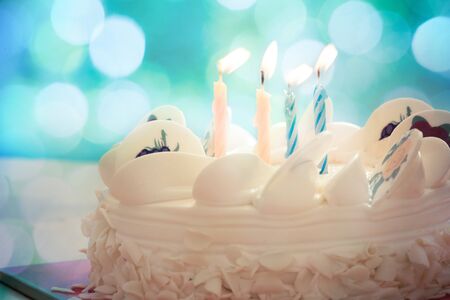 Happy birthday cake with candles.の写真素材