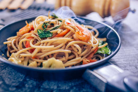 Spaghetti seafood with chili  basilの写真素材