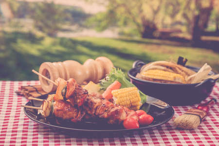 Barbecue in garden at summerの写真素材