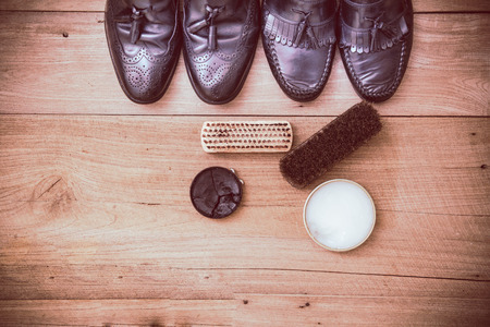 Black leather shoes maintenance setの写真素材