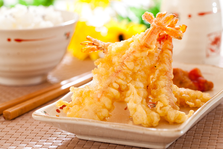 Tempura shrimps and kimchi with rice.の写真素材