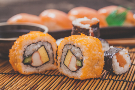 Homemade sushi with salmon,Japanese foodの写真素材