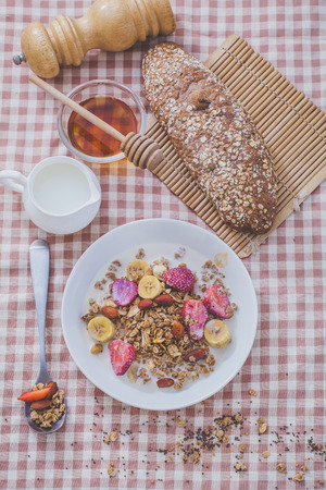 Healthy Homemade oatmeal with strawberry for breakfastの写真素材