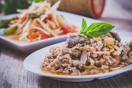 Spicy minced meat salad,Thai foodの写真素材