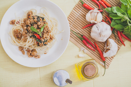 Spaghetti with stir basii ,Thai spicy styleの写真素材