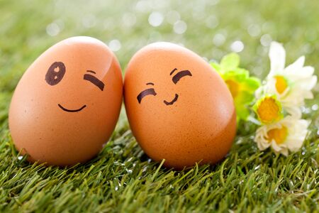 Chicken eggs with emotion faceの写真素材