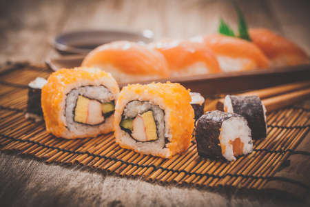 Homemade sushi with salmon,Japanese foodの写真素材