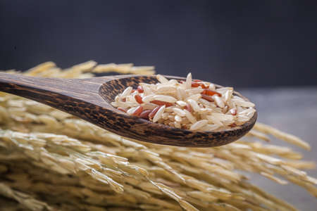 Brown rice in a wooden spoonの写真素材