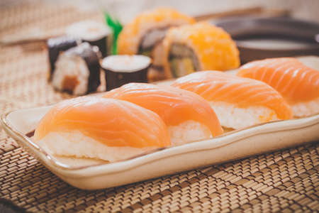 Homemade sushi with salmon,Japanese foodの写真素材