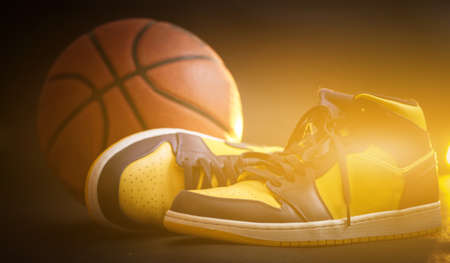 Basketball court with ball and shoesの写真素材