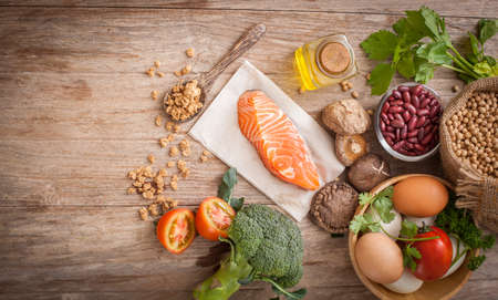 Variety of food vegetables with nut and salmonの写真素材