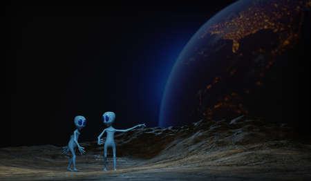 Extraterrestrial life or alien with earth background.3D renderingの写真素材