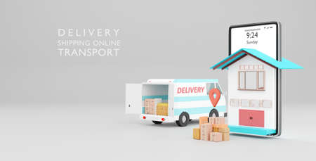 Online global logistic truck van delivery on phone.3d rendering