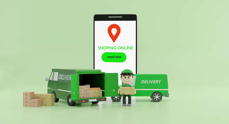 Online global logistic truck van delivery on phone.3d renderingの写真素材