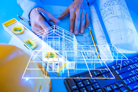 Architectural design and project blueprints drawings with 3d home exterior.の写真素材