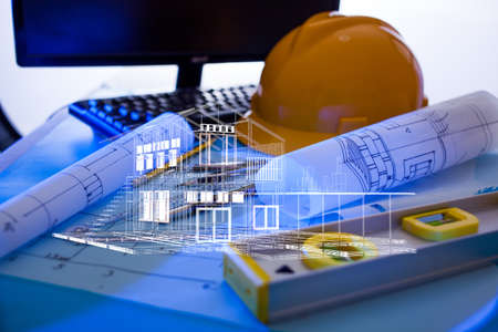 Architectural design and project blueprints drawings with 3d home exterior.の写真素材