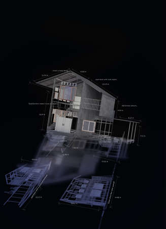 Architectural design and project blueprints drawings with 3d home exterior.の写真素材