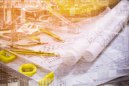Blueprints  in workplace for architectural plan,sketch a construction projectの写真素材