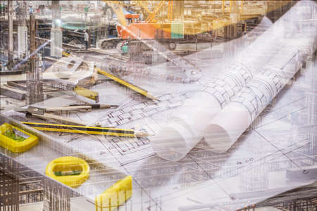 Blueprints  in workplace for architectural plan,sketch a construction project