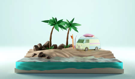 Sunny tropical beach with van and surf.3D renderingの写真素材