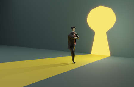 Businessman in suit standing in front of keyhole.3D renderingの写真素材