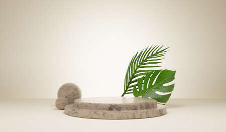 Cylinder wood podium in earth tone background with leaves.3D renderingの写真素材