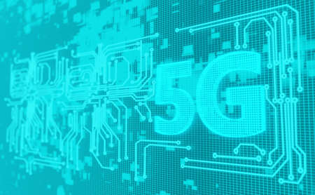 Futuristic technology circuit board with 5G and radiation lighting effect.3D rendering