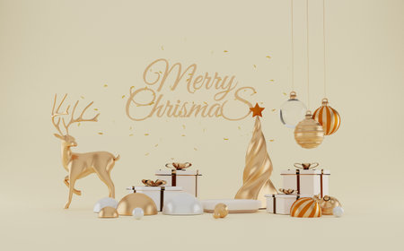Merry Chrismas and Happy New Year banner with gift box  and decoration gifts background.3D renderingの写真素材