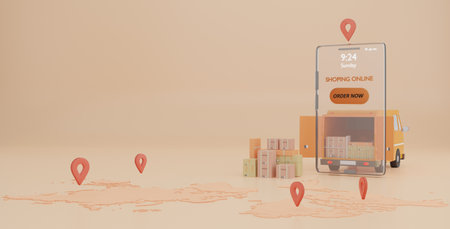 Online Shop Global logistic truck van delivery on smartphone.3d rendering